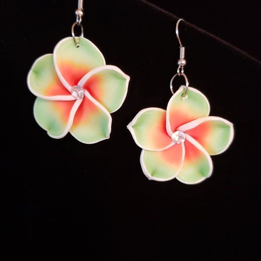 Beautiful Green Orange Tropical Flower Blossom Earrings - Picture 1 of 3